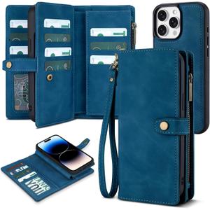 TwoHead for iPhone 14 Pro Wallet Case with Card Holder, Detachable Magnetic Phone Case PU Leather Wallet for Women/Men, with Wrist Strap (6.1 in, Navy Blue)