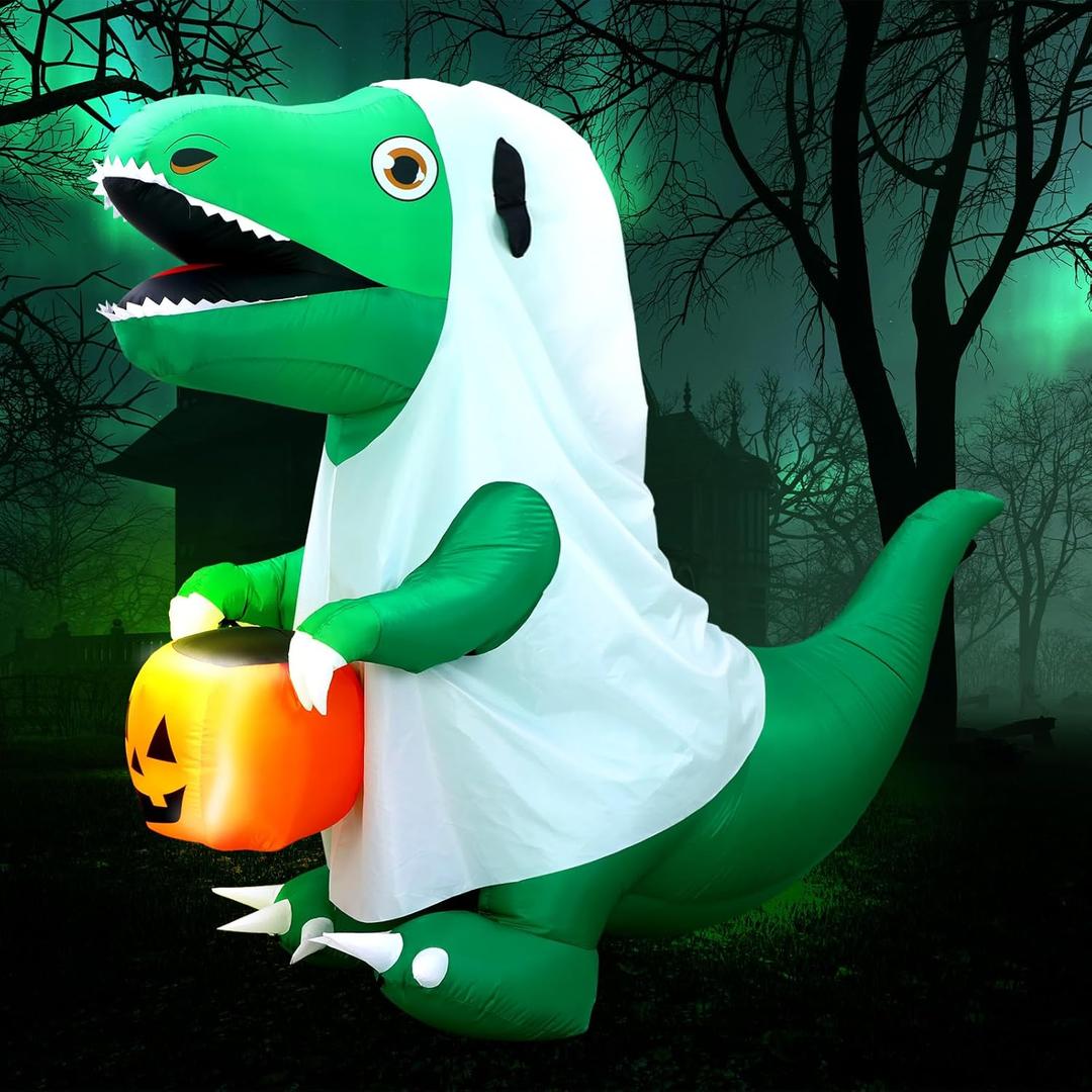 6 FT Halloween Inflatables Dinosaur Outdoor Decorations Ghost Dinosaur with Pumpkin Inflatables Decoration with Built in LEDs for Halloween Party Yard Lawn Garden Decor