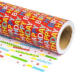 WRAPAHOLIC Reversible Birthday Wrapping Paper - Mini Roll - 17 Inch X 33 Feet - Happy Birthday Lettering on Red Design for Holiday, Party, Baby Shower