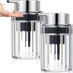 Potchen 2 Pcs Refillable Foaming Hand Soap Dispenser 10 oz Plastic Dispenser Pump Lotion Foaming with Silver Pump for Bathroom Vanities Kitchen(Clear)