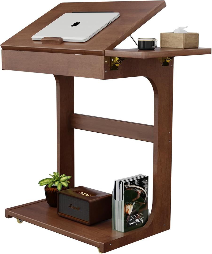 C-Shaped End Table, Solid Wood Rolling Side Table with Lockable Wheels, Couch Tables with Adjustable Desktop &Multi-functional Folding Tray, Small Side Table for Couch, Living Room, Bedroom Tall 30", 23.6" D x15.6" W x30" H