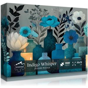 Blue Flower Puzzles for Adults 1000 Pieces,PICKFORU Indigo Whisper Jigsaw Puzzle, Elegant Plant Floral Vase Puzzles, Challenge for Adults Modern Aesthetic