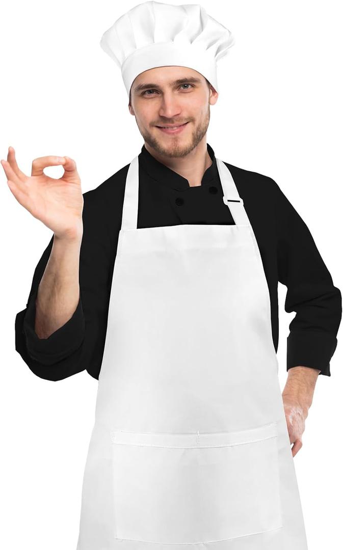 NLUS White Chef Hat and Apron, Adjustable Chef Costume Set, Kitchen Cooking Baking Apron with 2 Pockets for Men and Women