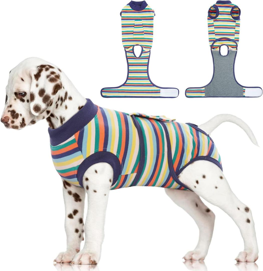 FUAMEY Recovery Suit for Dogs After Surgery,Soft Breathable Dog Bodysuit E-Collar & Cone Alternative Surgical Suit,Male Female Dog Neuter Spay Suits Anti Licking Wounds Onesie Dark Blue Stripes S (S(back:11.4-13.4in,wt:7-15lbs))