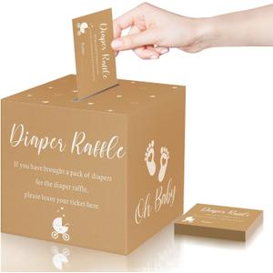 Funrous 51 Diaper Raffle Tickets with Box for Baby Shower Game Invitations Diaper Raffle Card for Gender Reveal Baby Shower Party Decoration Table Centerpiece(Brown Color)