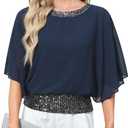 For G and PL Women's Dressy Sequin Formal Wedding Top Batwing Sleeve Chiffon Party Shirt (XXL)