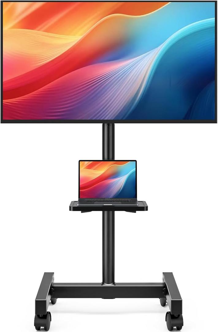 Mobile TV Floor Stand for 13-50 inch LCD LED Flat/Curved Panel Screen TVs up to 44 lbs, Height Adjustable TV Stand Mount with Tilt VESA 200x200, Portable TV Stand with Shelf HT2007BM
