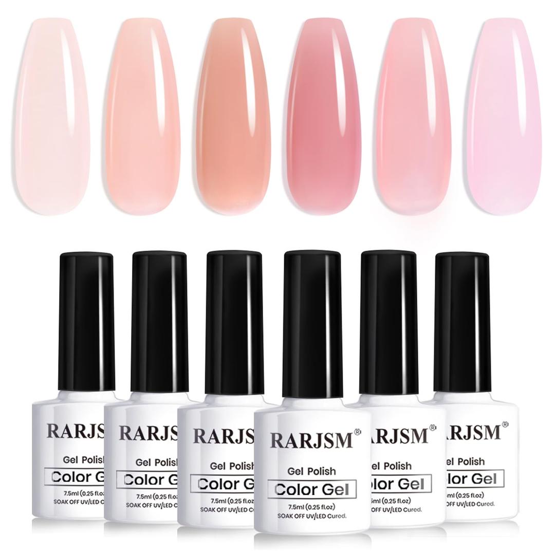 RARJSM Jelly Nude Gel Nail Polish Set Sheer Milky Blush Pastel Rose Caramel Pink 6 Transparent Neutral Skin Tone Colors French Manicure LED UV Gelpolish Soak Off Curing Requires for Home Salon 7.5ml