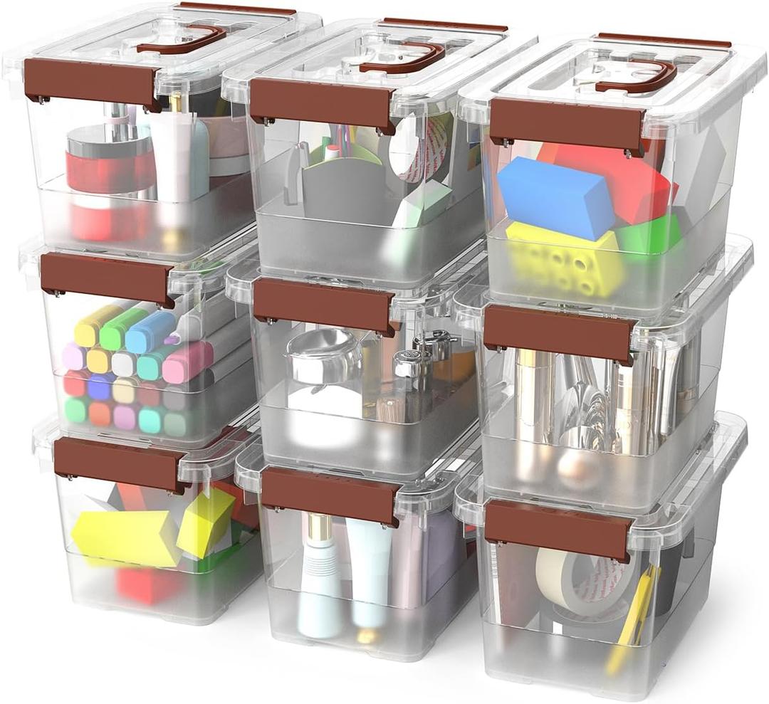 9-Pack Stackable Plastic Storage Bins with Lids, 4 Qt- BPA-Free, Clear Organizing Solution, Latches, Durable Nestable Containers, Secure Pull Handle.