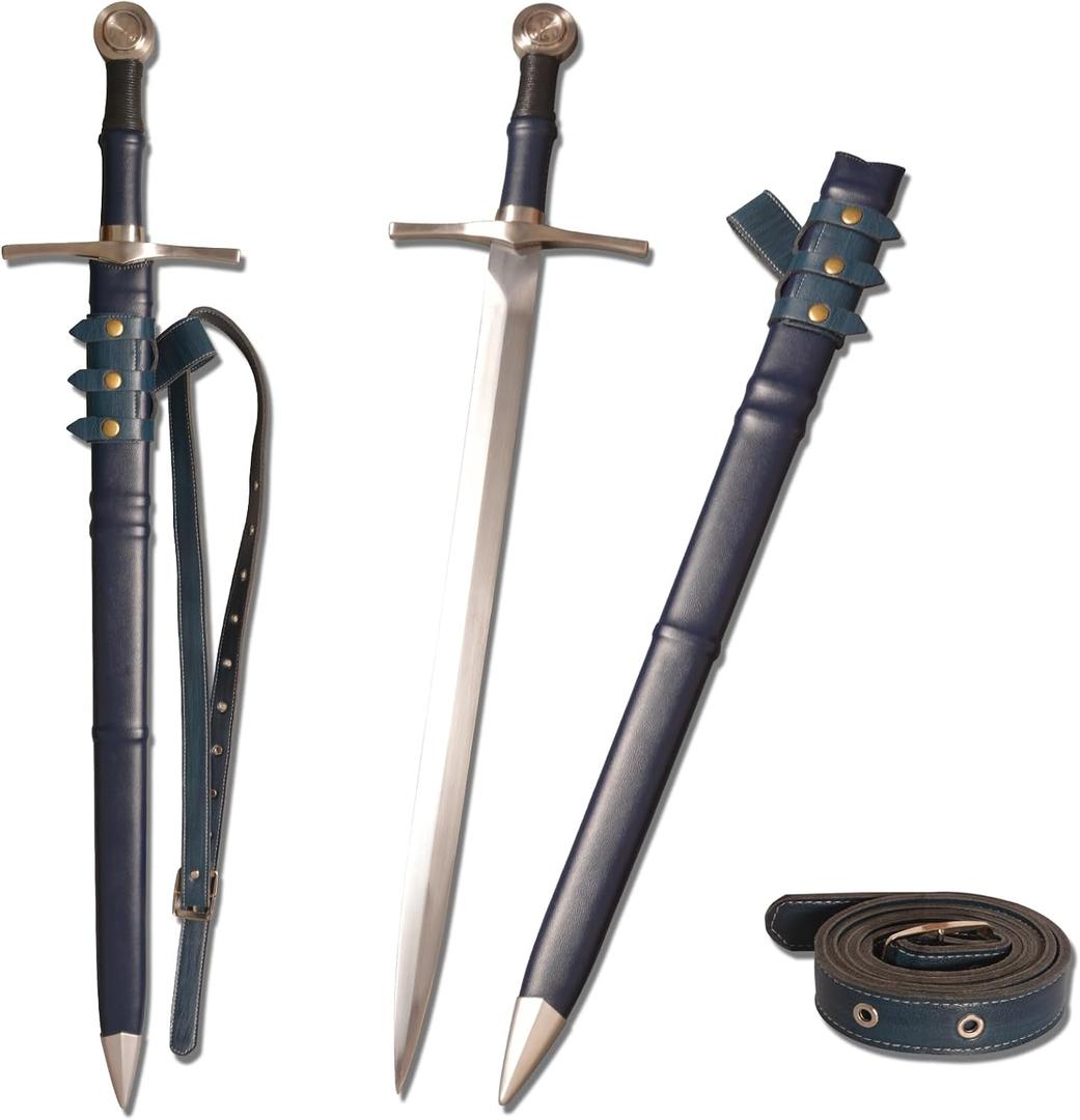 Medieval Sharp Blade Blue Western Sword with Knight Motif Manganese Steel Blade Real Sword Supplied with Belt Total Length 37.99 inches for Display Gift Collection