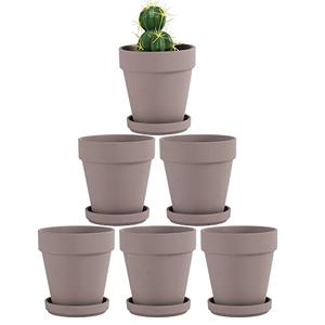 Fcacti 4 Inches Small Grey Terracotta Pots with Saucer, 6 Pack 4" Terra Cotta Planter with Drainage Holes, Small Clay Flower Pots for Plants, Succulents, Crafts, Wedding Favor