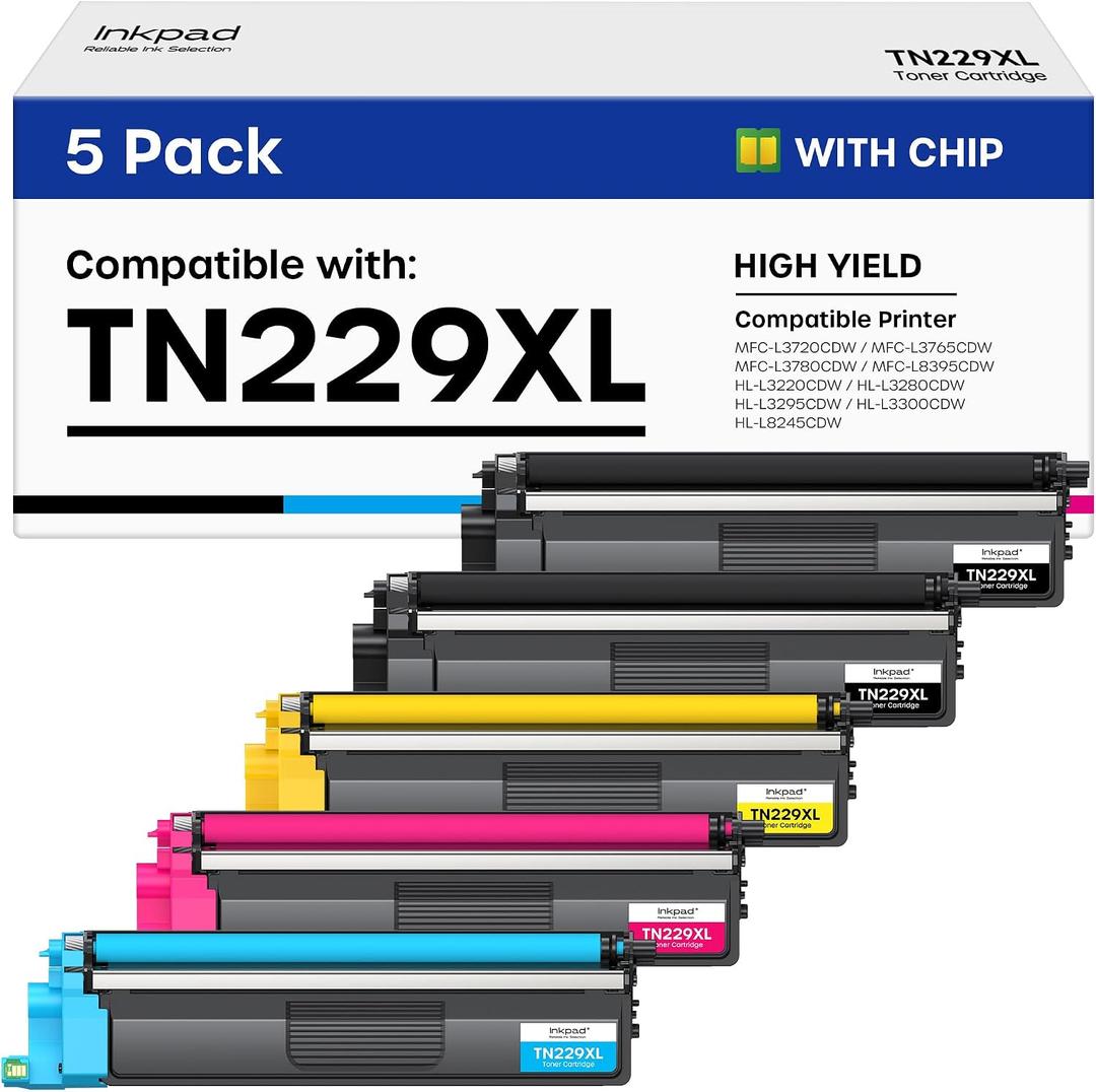 TN229XL TN229 Compatible Toner Cartridge 5 Pack Replacement for Brother TN229XL TN-229XL TN-229 Toner Cartridges to Work for MFC-L3720CDW MFC-L3780CDW HL-L3220CDW HL-3280CDW HL-L3300CDW Printers