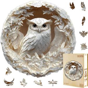 Wooden Puzzles Adults 300 Pieces, White Owl Animal Shaped Wood Puzzle with Unique 3D Paper Carved Effect, Challenging Jigsaw Puzzles, Christmas Birthday Gifts for Women Mom, Wall Decor13.3in