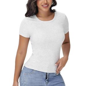 EasyFair Womens T Shirts Basic Short Sleeve Crew Neck Slim Fit Tees Summer Workout Casual Bodycon Tops 2025 Light Grey, Size: X-Large
