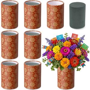 6 Sets Mexican Party Centerpieces, 5 Inch Cielito Lindo Faux Terracotta Clay Paper Cylinder Flower Vases with Floral Foam, Cinco De Mayo Table Decorations, Mexican Theme Party Supplies