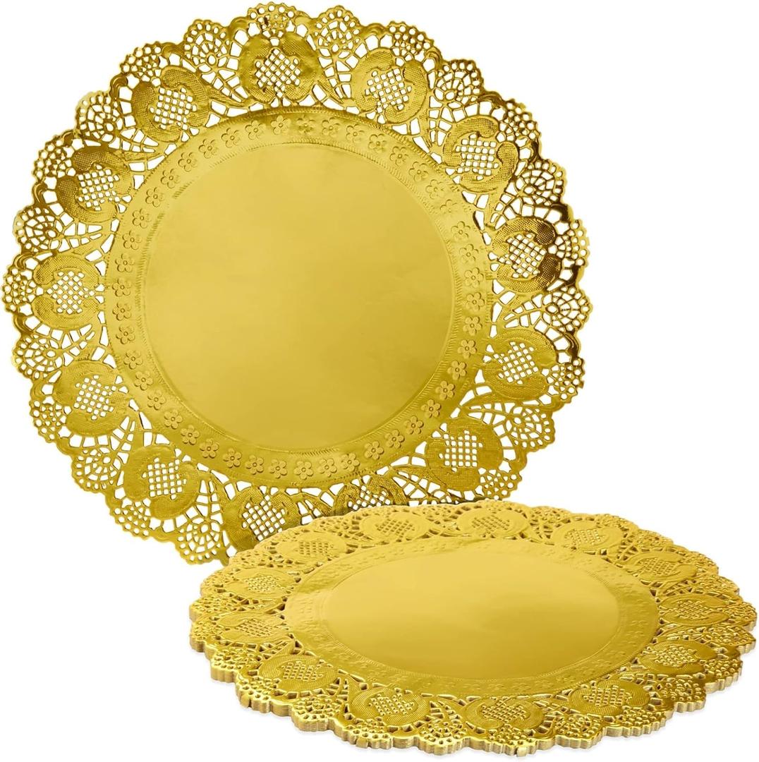 Juvale Round Gold Lace Paper Charger Plates - 12-Inch, Gold, Pack of 60 - Table & Disposable Round Paper Placemats - Doilies for Tables & Party Decor