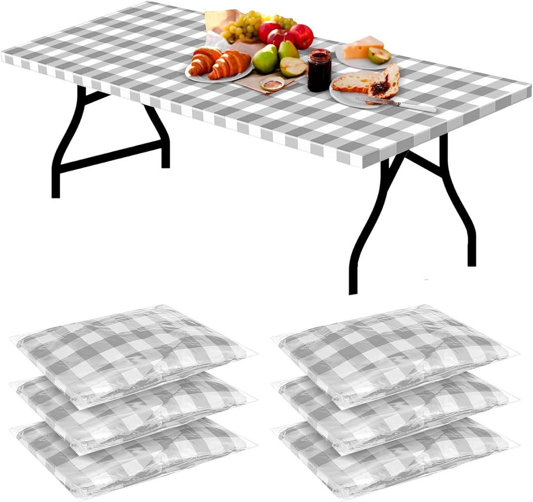 Boao 6 Pcs Plastic Picnic Table Cover 72 x 30 Inch for 8 ft Tables Disposable Waterproof Grey and White Checkered Table Covers with Elastic Fitted for Picnic Camping Birthday Outdoor Party