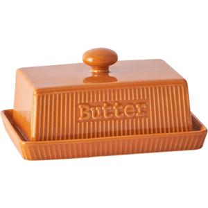 Ceramic Butter Dish with Lid, Large Butter Container for East & West Coast Butter Storage, Porcelain Butter Holder with Knob Handle, Striped Butter Keeper Butter Tray, Farmhouse Kitchen Decor, Orange