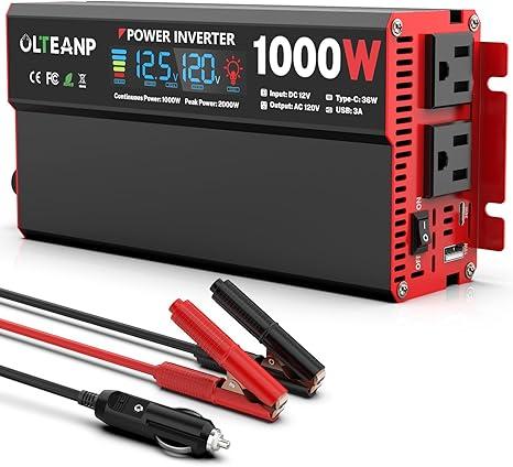 OLTEANP 1000 Watt Power Inverter 12V DC to 110V/120V AC Car Inverter with LCD Screen Display, 2 AC Outlets, 36W TypeC Port, 5V/3A USB Port, Car Power Converter for Truck, Home, Vehicles, Laptop, Trip