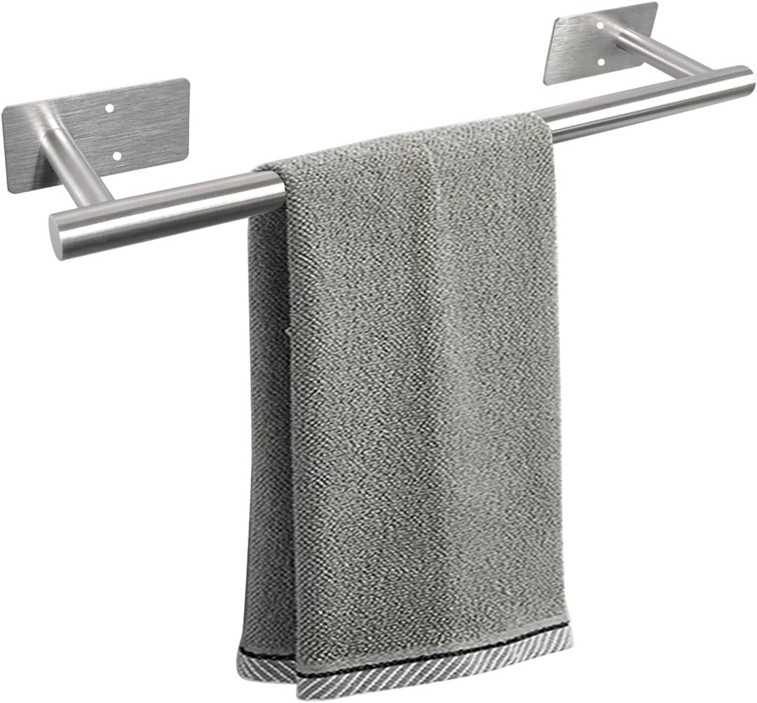 Self Adhesive Bath Towel Bar, Stainless Steel Towel Racks for Bathroom No Drilling Heavy Duty Towel Holder Stick on Wall Sturdy and Rustproof Towel Hanger for Bathroom(Brushed Nickel,16In)
