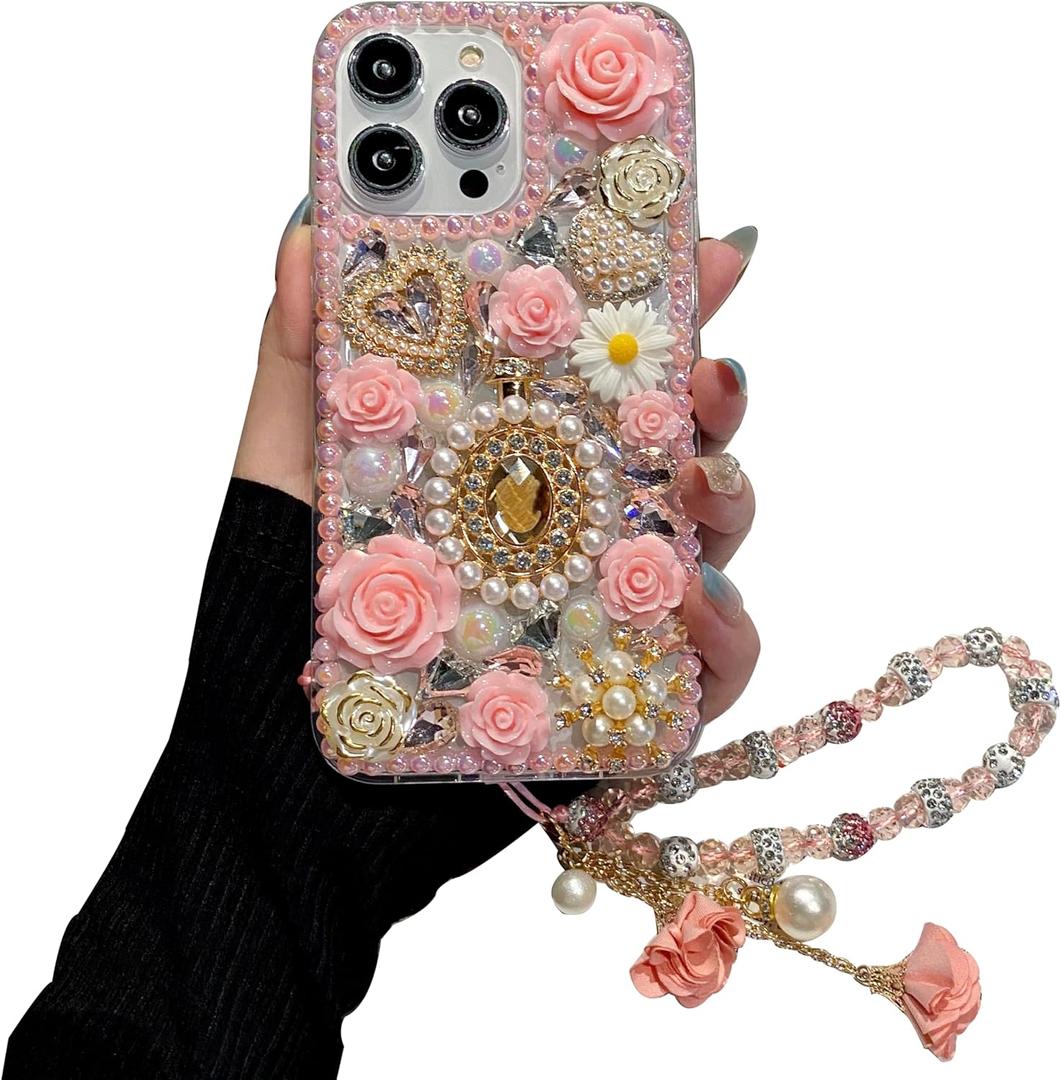 iFiLOVE for iPhone 16 Bling Diamond Case with Flower Strap, 3D Luxury Sparkle Glitter Crystal Rhinestone Pearl Love Rose Wristband Bracelet Case Cover for Girls Women Kids (Pink)