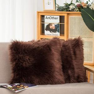 HYSEAS Set of 2 Decorative Faux Fur Throw Pillow Covers, Brown Fluffy Soft Fuzzy Square Cushion Cover Pillow Case for Sofa, Couch, Chair, Bed, Cafe, 20 x 20 Inches