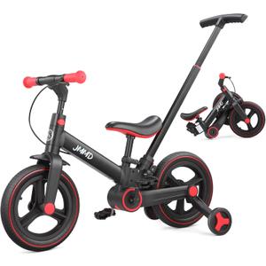 JMMD 6 in 1 Toddler Bike with Push Handle for Kids 18-60 Months, 12" Foldable Balance Bike with Training Wheels, Pedals, Brakes, Kickstand, Push Tricycle Toddler Gift & Toys for Boy & Girl, Black, Large