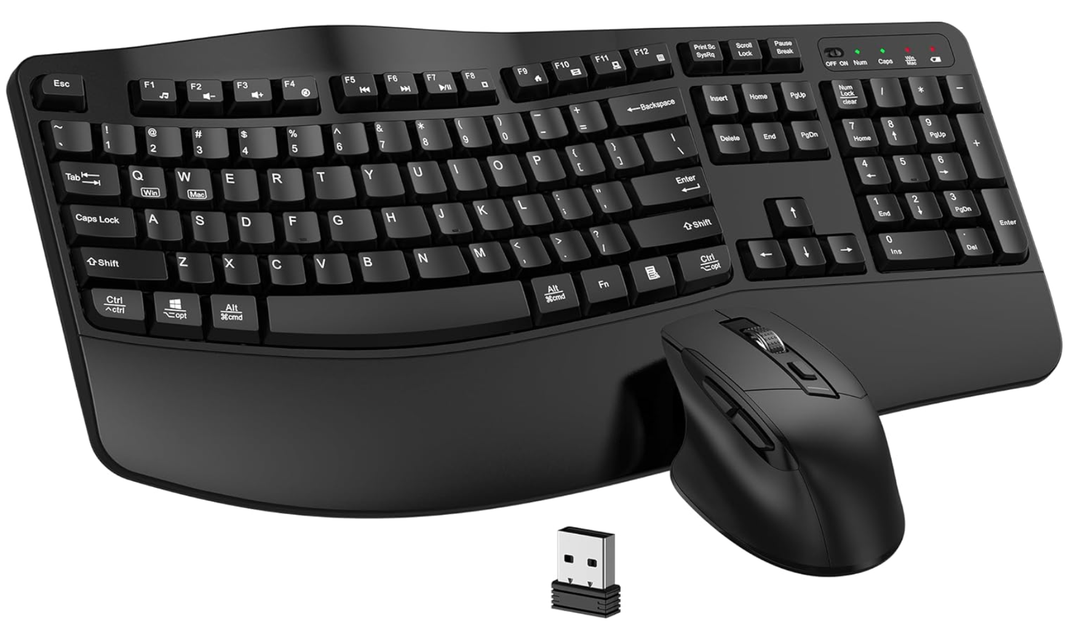 Wireless Keyboard and Mouse Combo, EDJO 2.4G Full Size Wave Keys Ergonomic Keyboard with Wrist Rest and 3Level DPI Adjustable Wireless Ergonomic Mouse for Windows, Mac OS Desktop/Laptop/PC(Black)