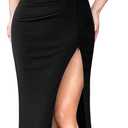 VFSHOW Womens Ruffle One Shoulder Strap Ruched Formal Prom Wedding Maxi Dress V Neck Elegant Split Cocktail Evening Long Gown (Medium, Solid Black)