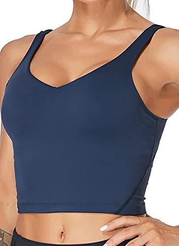 Oalka Sports Bra Womens Longline Padded Crop Tank Yoga Bras Workout Fitness Top True Navy Small