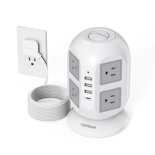TESSAN Tower Surge Protector Power Strip 10 ft, Long Flat Extension Cord with Multiple Outlets, 8 AC Outlets with 4 USB Ports (1 USB C), Charging Station with Surge Protection, for Home Office Dorm