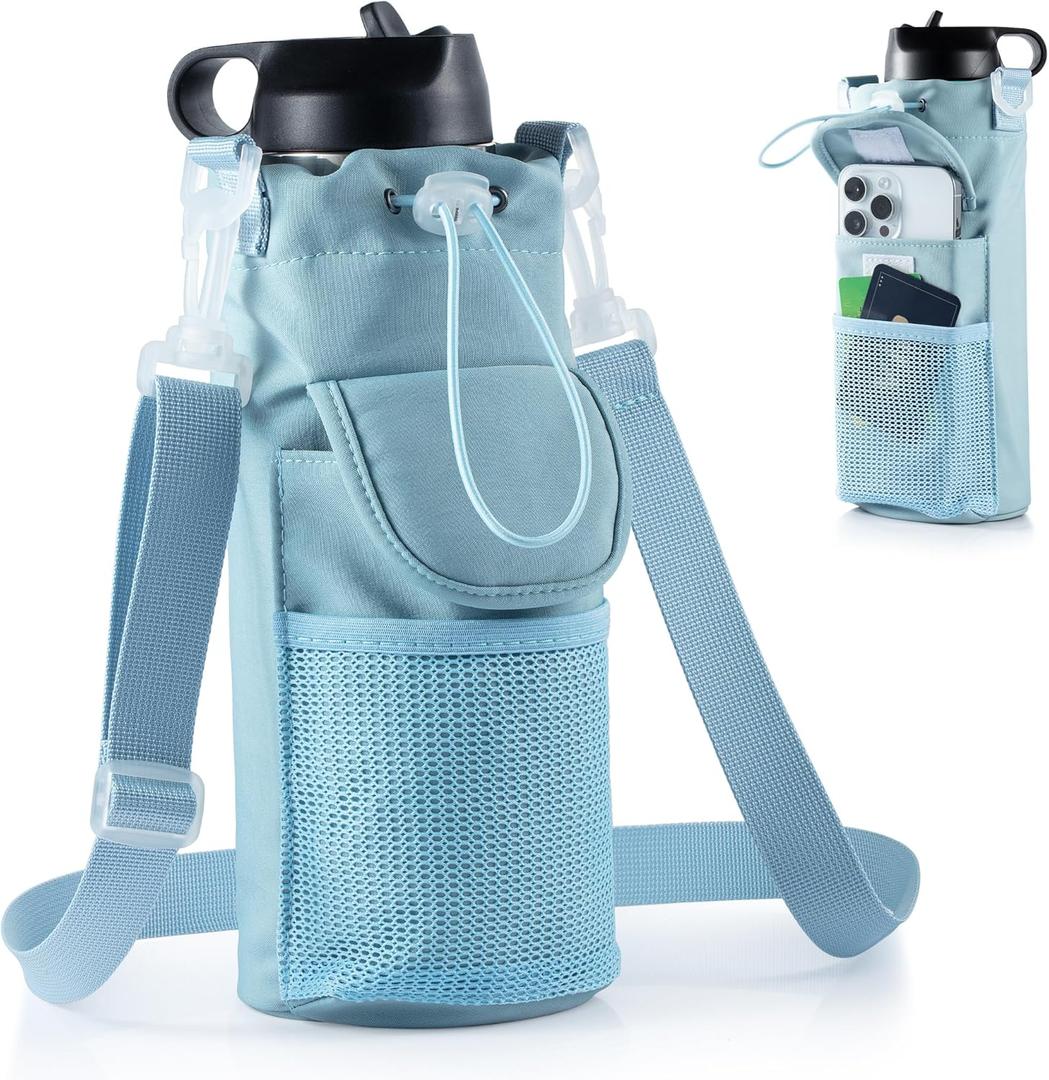 Water Bottle Holder with Strap for Hydroflask 32oz 40oz, Carrier Sling Bag with Phone Pocket Water Bottle Sleeve for Men Women Hiking Camping Travelling (Blue)