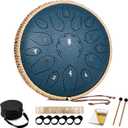 HOPWELL Steel Tongue Drum - 15 Note 12 Inch Tongue Drums - Percussion Instruments - Hand Pan Drum with Music Book, Drum Mallets and Carry Bag, D Major, Navy Blue