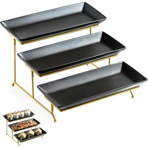 LYEOBOH 3 Tier Serving Tray Set, Tiered Serving Stand with Platters, Serving Dishes for Entertaining Halloween Christmas Party, Collapsible Sturdier Stand & 14 Inch Large Platters for Food Display (Black)