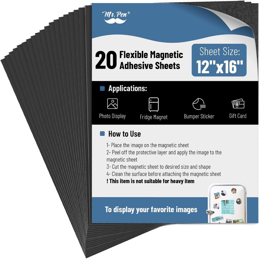 Mr. Pen- Adhesive Magnetic Sheets, 12" x 16", 20 Pack, Cuttable Magnets Flexible Magnet Sheets with Adhesive for Crafts Photos, Classroom Decorations, Easy Peel and Stickers for Planning