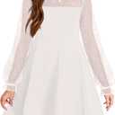 Arshiner Girl's Contrast Mesh Puff Long Sleeve High Waist A Line Short Dress with Pockets for 6-13 Years (8-9 Years, White)