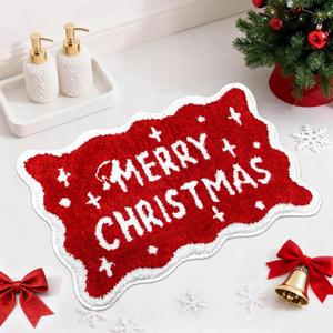 Mocsicka Christmas Bath Mat Red Merry Christmas Bathroom Rug Super Soft Absorbent Bathroom Rugs Non Slip Xmas Bath Mat Machine Washable Rug for Bathrooms 20x32 inches (1'8" x 2'8" (Rectangular))