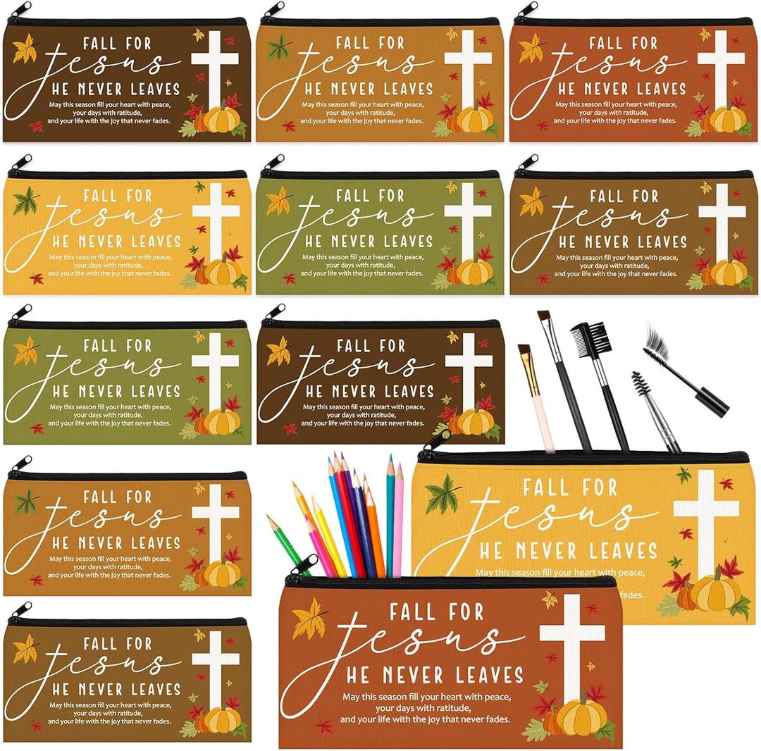 12 Pcs Fall Christian Gifts for Women Religious Pencil Pouch Bible Verse Pencil Case Religious Canvas Cosmetic Bags Scripture Makeup Bags for Thanksgiving Office Supplies