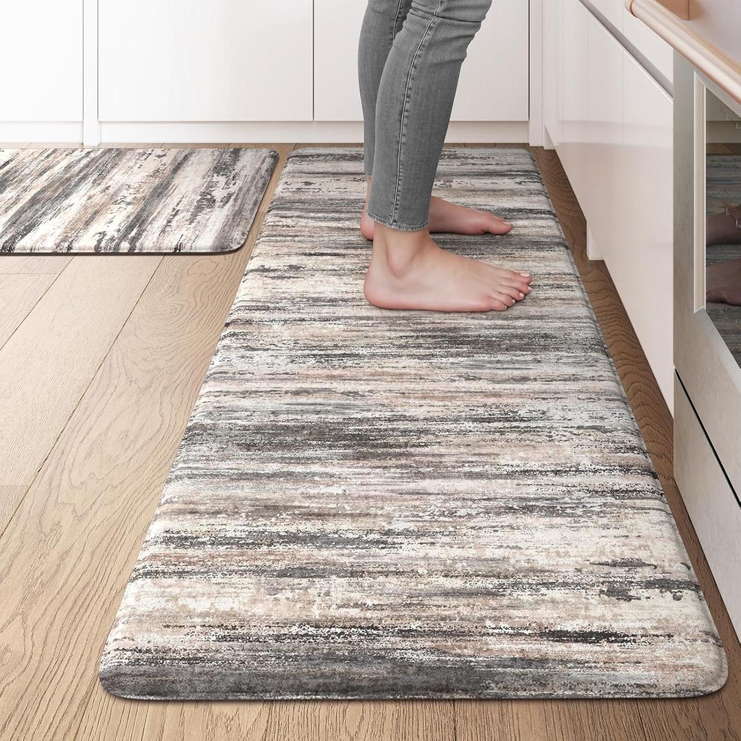 KIMODE Anti Fatigue Kitchen Mats for Floor 2 Piece, 17"x47"+17"x29" Farmhouse Plaid Kitchen Rugs Non Slip, Waterproof Kitchen Floor Mats for Kitchen Floor Sink Laundry Desk Decor Black Grey