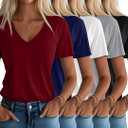 Huukeay Womens 5 Pack V Neck Basic Tees Comfortable Casual Short Sleeve T Shirts Solid Color Tops for Summer Flat Hem (X-Large, Haze Blue, White, Army Green, Khaki, Black)