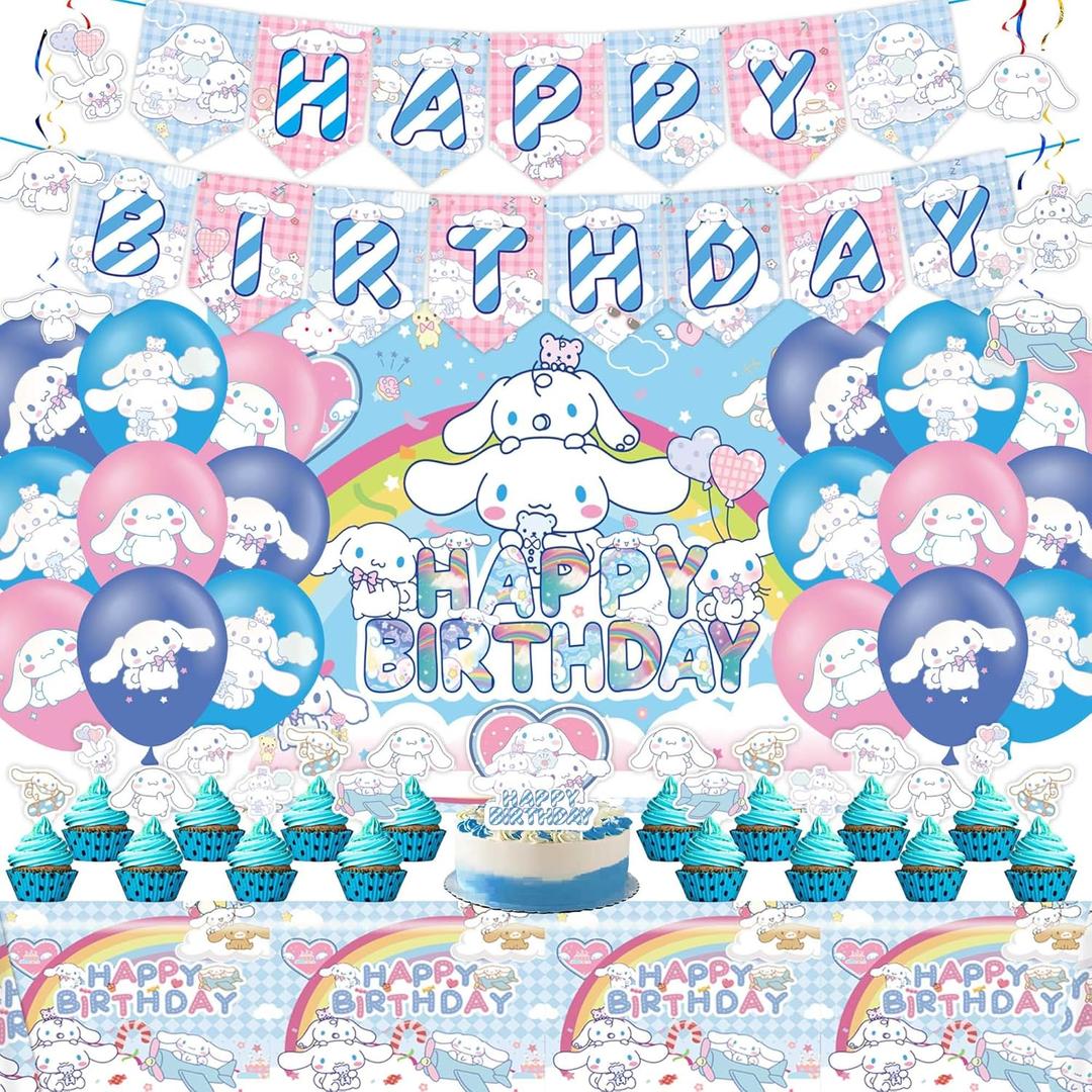 Cartoon Birthday Party Decorations - Happy Birthday Banner, Balloon, Backdrop, Hanging Swirl Decorations, Cupcake Topper for Girls Theme Party Supplies