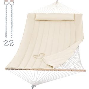 SUNCREAT 2 Person Hammock with Hardwood Spreader Bar, Outdoor Rope Hammock with Polyester Pad, 475 lbs Capacity, Beige (White)