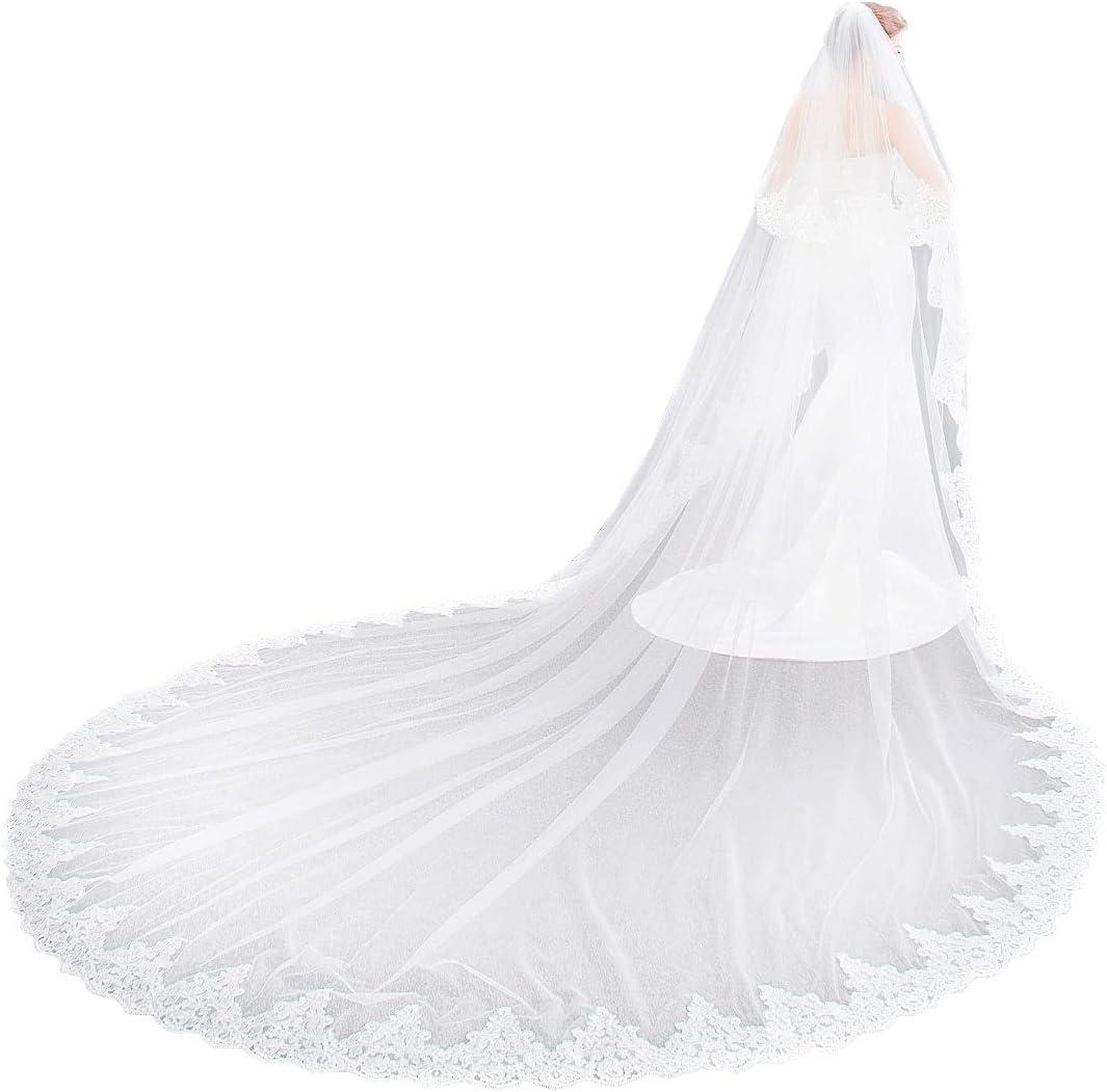EllieHouse Women's 2 Tier Royal Length Lace Wedding Bridal Veil With Comb L01 (White)