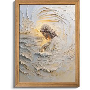 Framed 3D Textured Christian Jesus Canvas Wall Art, Jesus With Golden Halo Wall Decor Paintings, Religious Bible Posters Prints Pictures Artwork for Church Living Room Bedroom Home Decor 16x24 Inch