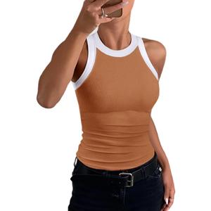 Tank Tops for Women Summer Sleeveless Round Neck Basic Cami Top Slim Knit Ribbed Racerback Blouses (Brown, L)