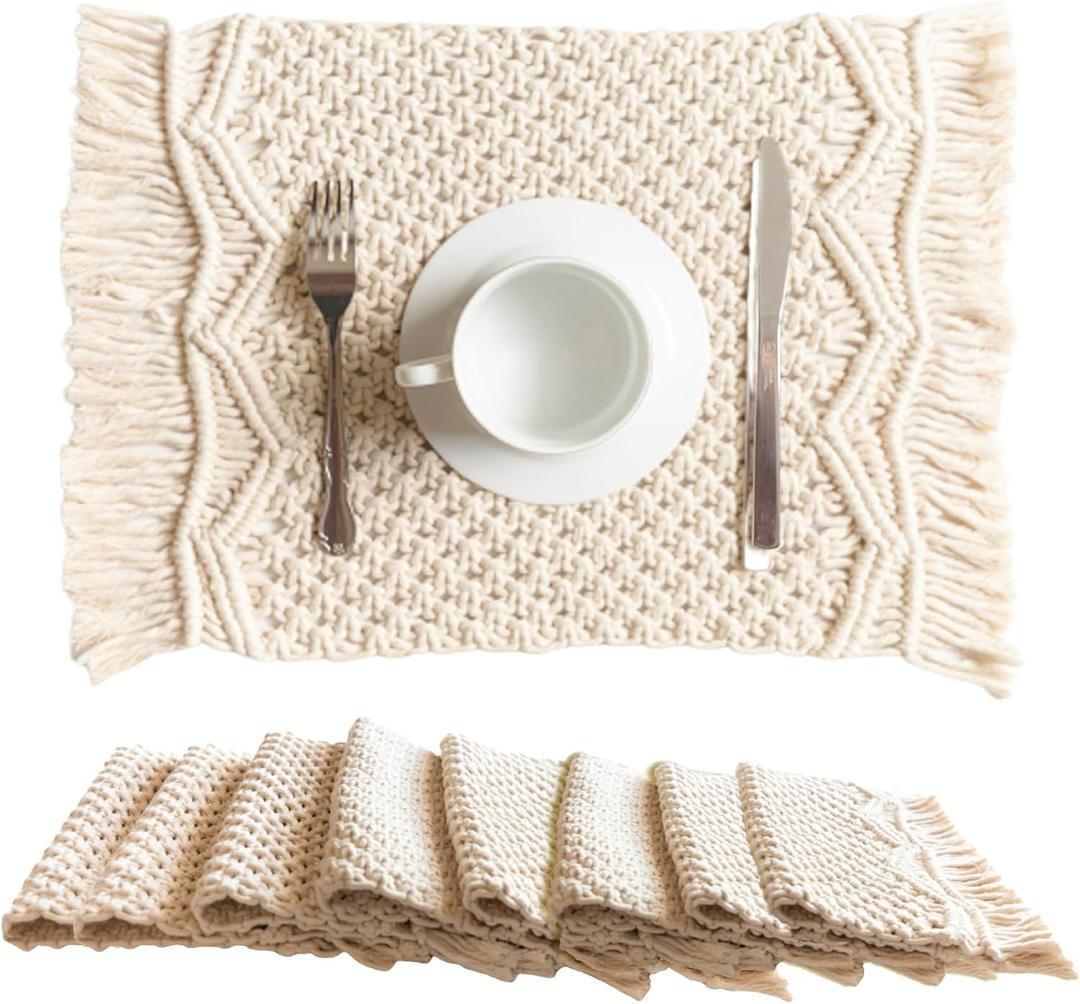 SnugLife Macrame Placemats Set of 8 - Handmade Cotton Woven Boho Placemats - Modern Farmhouse Fringe Placemats for Dining Table, Kitchen, Bohemian Wedding Dcor, Rustic Natural Off White, 12x20