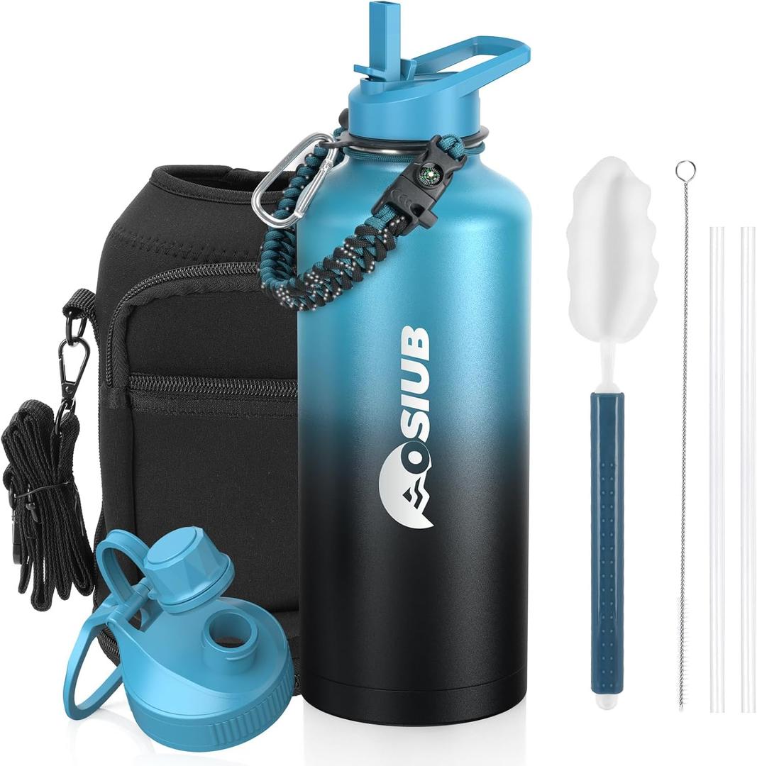 Insulated Water Bottle 87 oz, Triple Wall Vacuum Stainless Steel(Cold for 48 Hrs),Leak Proof & BPA-Free,Half Gallon Water Bottle with Reflective Paracord & Flip Straw for Sports & Travel, Black