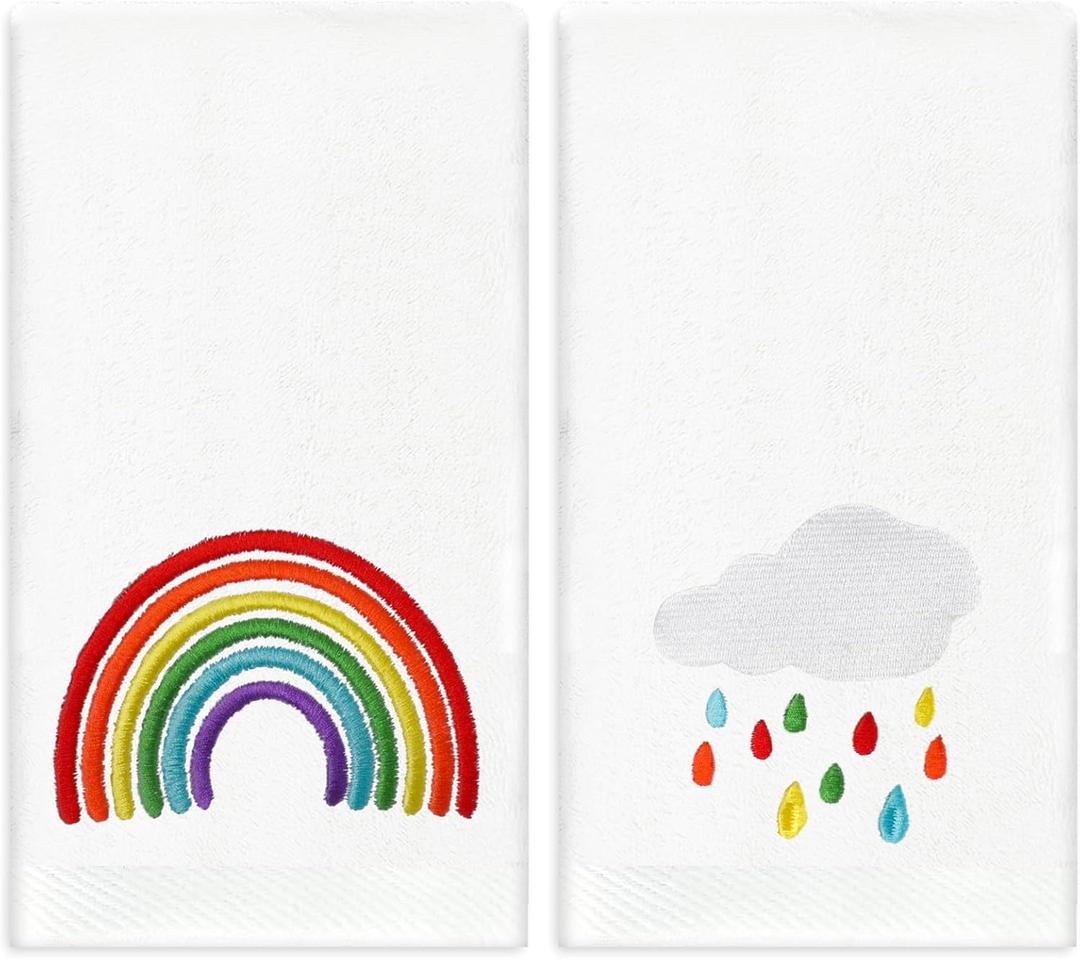 2 Pack Hand Towels Colorful Rainbow Cloud Rain Embroidered Cotton Dish Towel for Bathroom Hand Drying Kitchen Cleaning Towel Gift Set, 29.5 x 13.7 Inch