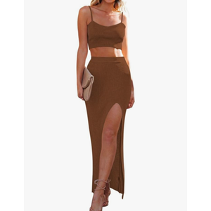 Women's Knit 2 Piece Dress Cami Crop Top High Side Slit Bodycon Long Skirt Set Size XL