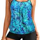 Yonique Womens Blouson Tankini Swimsuits Two Piece Strappy Bathing Suit Tops with Shorts Criss Cross Swimwear (Small, Blue Leaves)